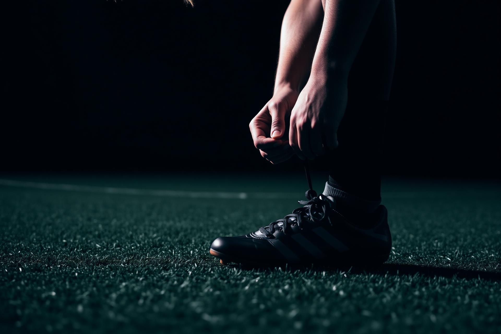 Voetballer trekt gripsokken aan op het veld